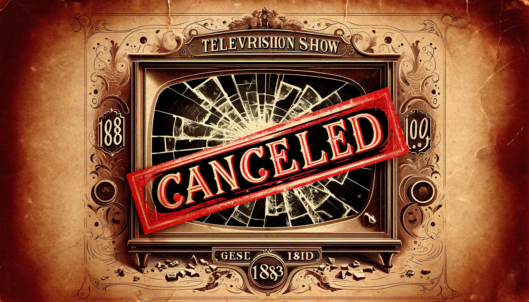 DALL·E 2023 11 20 17.32.17 A vintage 1883 television show poster featuring a large red CANCELLED stamp across it, with broken glass shards scattered around and a sepia toned,