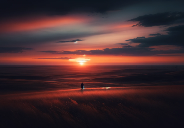 DALL·E 2023 11 21 10.16.26 A desolate prairie landscape at dusk, capturing the vastness and solitude of the scene. In the distance, a lone figure stands, silhouetted against the