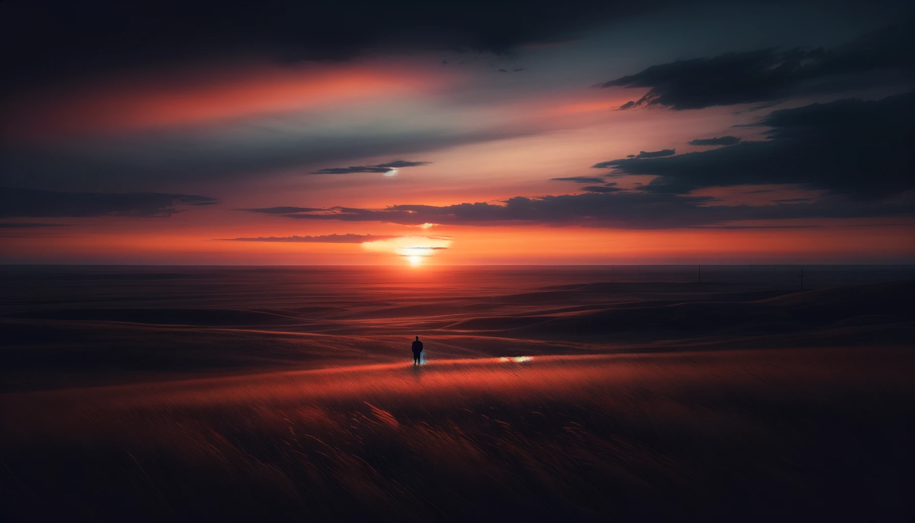 DALL·E 2023 11 21 10.16.26 A desolate prairie landscape at dusk, capturing the vastness and solitude of the scene. In the distance, a lone figure stands, silhouetted against the