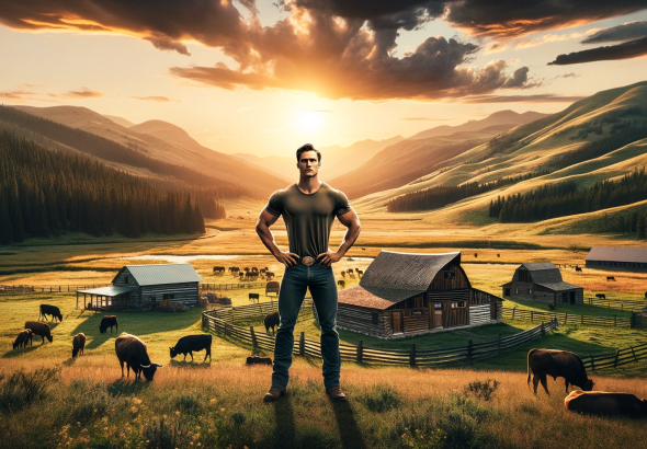 DALL·E 2023 11 29 11.16.10 An image of a person with a strong, confident posture, similar in physique to Taylor Sheridan, standing on a sprawling Montana ranch. This ranch is su