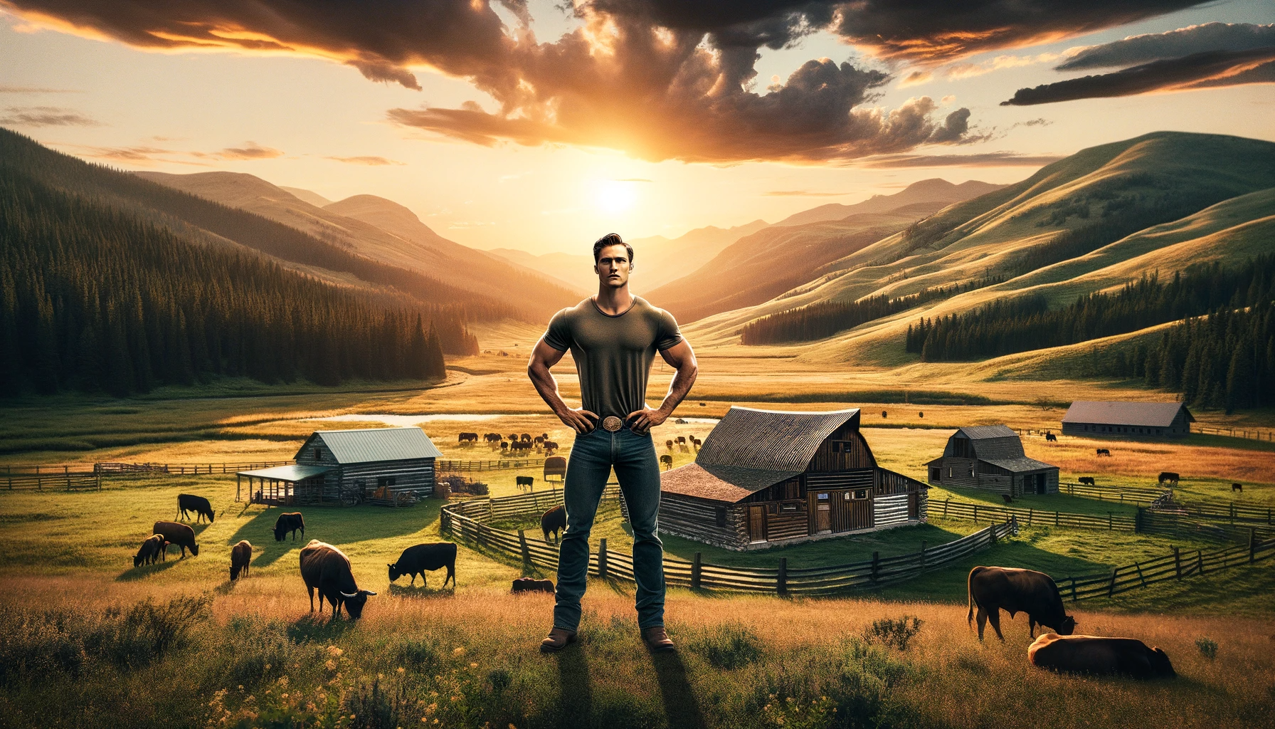 DALL·E 2023 11 29 11.16.10 An image of a person with a strong, confident posture, similar in physique to Taylor Sheridan, standing on a sprawling Montana ranch. This ranch is su