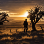 an image of a weathered ranch hand, silhouetted against the setting sun, his rugged figure depicting a battle-worn spirit