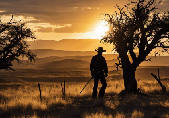 an image of a weathered ranch hand, silhouetted against the setting sun, his rugged figure depicting a battle-worn spirit