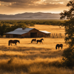 the untamed beauty of Texas' 6666 Ranch: A sprawling vista of golden-hued plains stretching towards the horizon, adorned by majestic horses grazing freely under the vast expanse of an endless sky