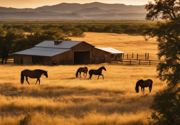 the untamed beauty of Texas' 6666 Ranch: A sprawling vista of golden-hued plains stretching towards the horizon, adorned by majestic horses grazing freely under the vast expanse of an endless sky