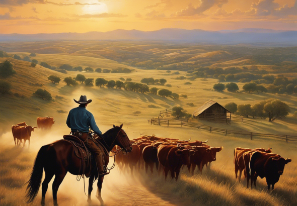 An image of a vast Texas landscape with rolling hills, dusty trails, and a lone cowboy on horseback, surrounded by a herd of cattle, to represent Jimmy and the 6666 Ranch