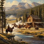 An image depicting the rustic setting of Yellowstone in 1923, featuring cowboys on horseback, log cabins, and vintage vehicles to visually represent the era for the blog post