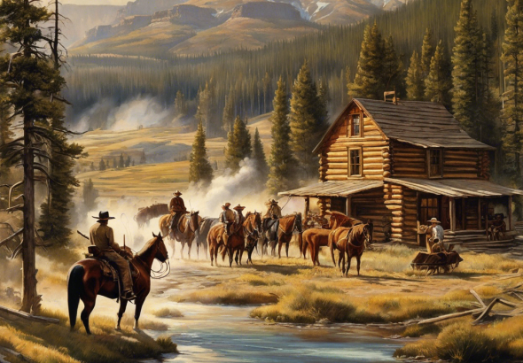 An image depicting the rustic setting of Yellowstone in 1923, featuring cowboys on horseback, log cabins, and vintage vehicles to visually represent the era for the blog post