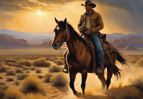An image of a rugged, dust-covered cowboy on horseback, riding through a barren, sun-drenched desert landscape, with a storm brewing on the horizon and a sense of hardship and determination in his eyes
