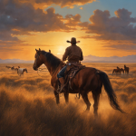 An image depicting a vast prairie at sunset, with a lone cowboy astride a majestic horse