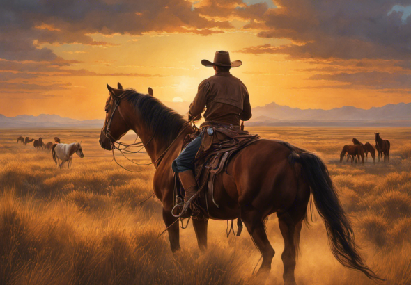 An image depicting a vast prairie at sunset, with a lone cowboy astride a majestic horse
