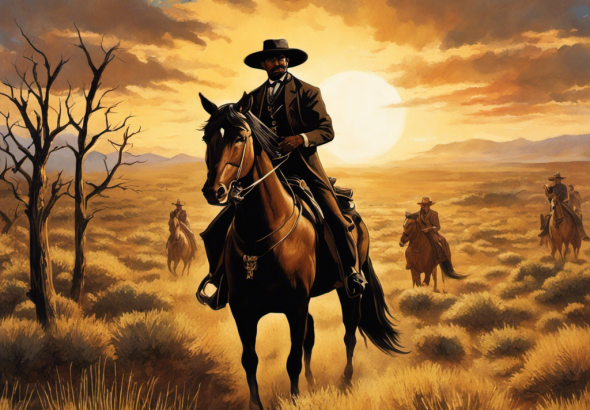 An image showcasing the legendary Bass Reeves, standing tall amidst a sun-kissed prairie, his silhouette adorned with a traditional Stetson hat, badge glinting, hand gripping a Winchester rifle, embodying the unwavering spirit of justice in the Wild West