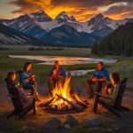 An image of a family gathered around a campfire in Yellowstone National Park, with the sun setting behind the mountains, capturing the complex and compelling dynamics of the Dutton family