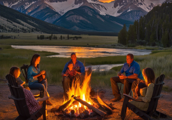 An image of a family gathered around a campfire in Yellowstone National Park, with the sun setting behind the mountains, capturing the complex and compelling dynamics of the Dutton family