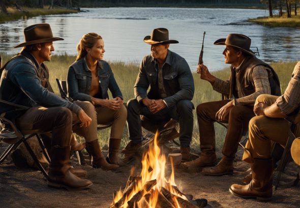 An image of the Yellowstone spinoff cast sitting around a campfire, sharing stories and bonding