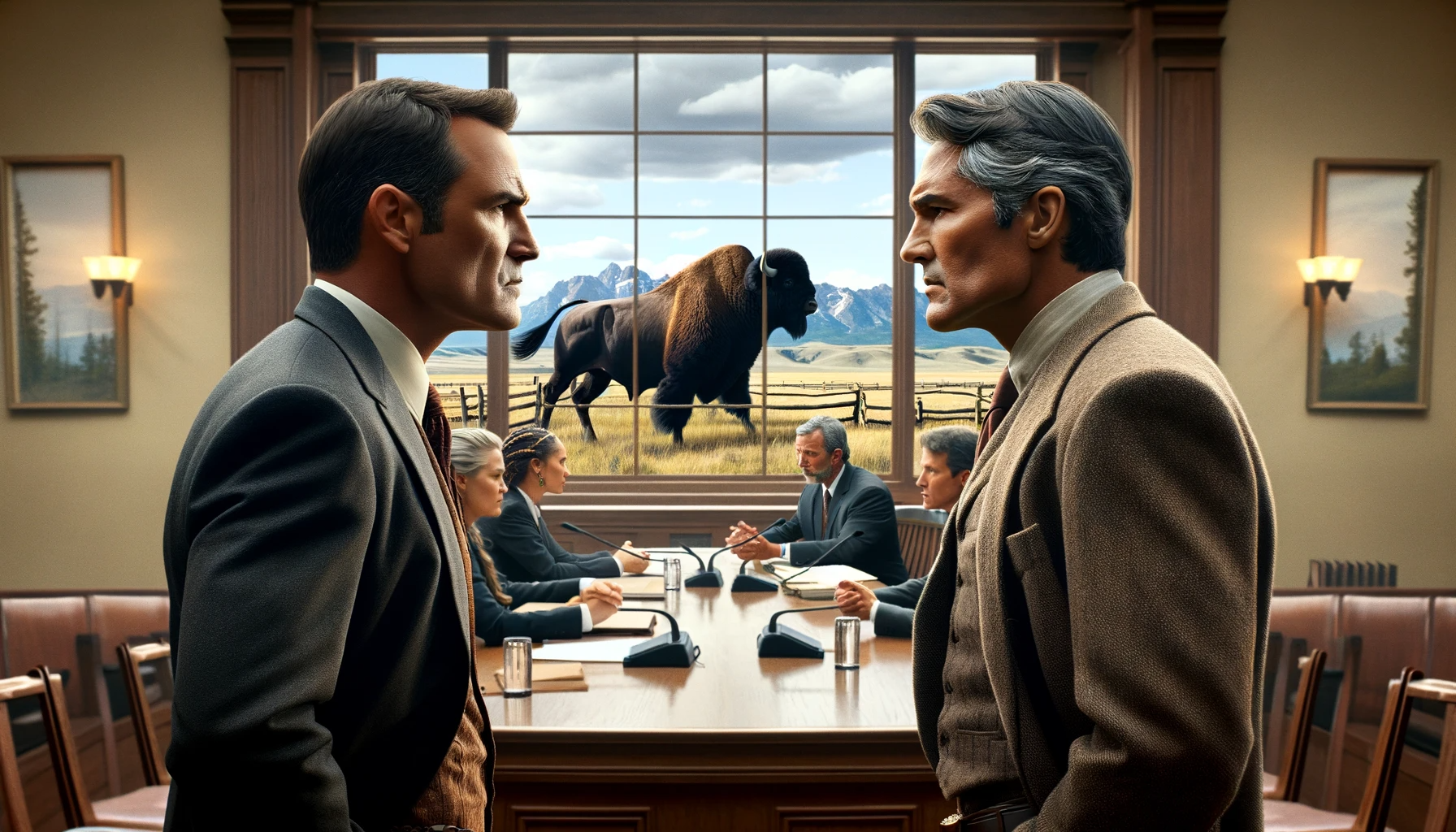 DALL·E 2023 12 07 13.54.27 A tense courtroom scene featuring two corporate executives resembling typical Western ranchers facing off. One executive is a middle aged Caucasian ma