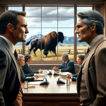 DALL·E 2023 12 07 13.54.27 A tense courtroom scene featuring two corporate executives resembling typical Western ranchers facing off. One executive is a middle aged Caucasian ma