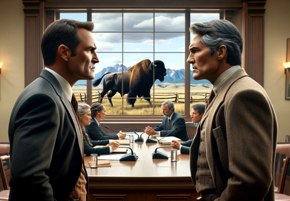 DALL·E 2023 12 07 13.54.27 A tense courtroom scene featuring two corporate executives resembling typical Western ranchers facing off. One executive is a middle aged Caucasian ma