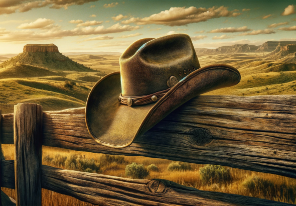 DALL·E 2023 12 14 10.18.37 A cowboy hat resting on a weathered wooden fence, embodying the spirit of Taylor Sheridan's iconic TV show. The background features a rugged landscape