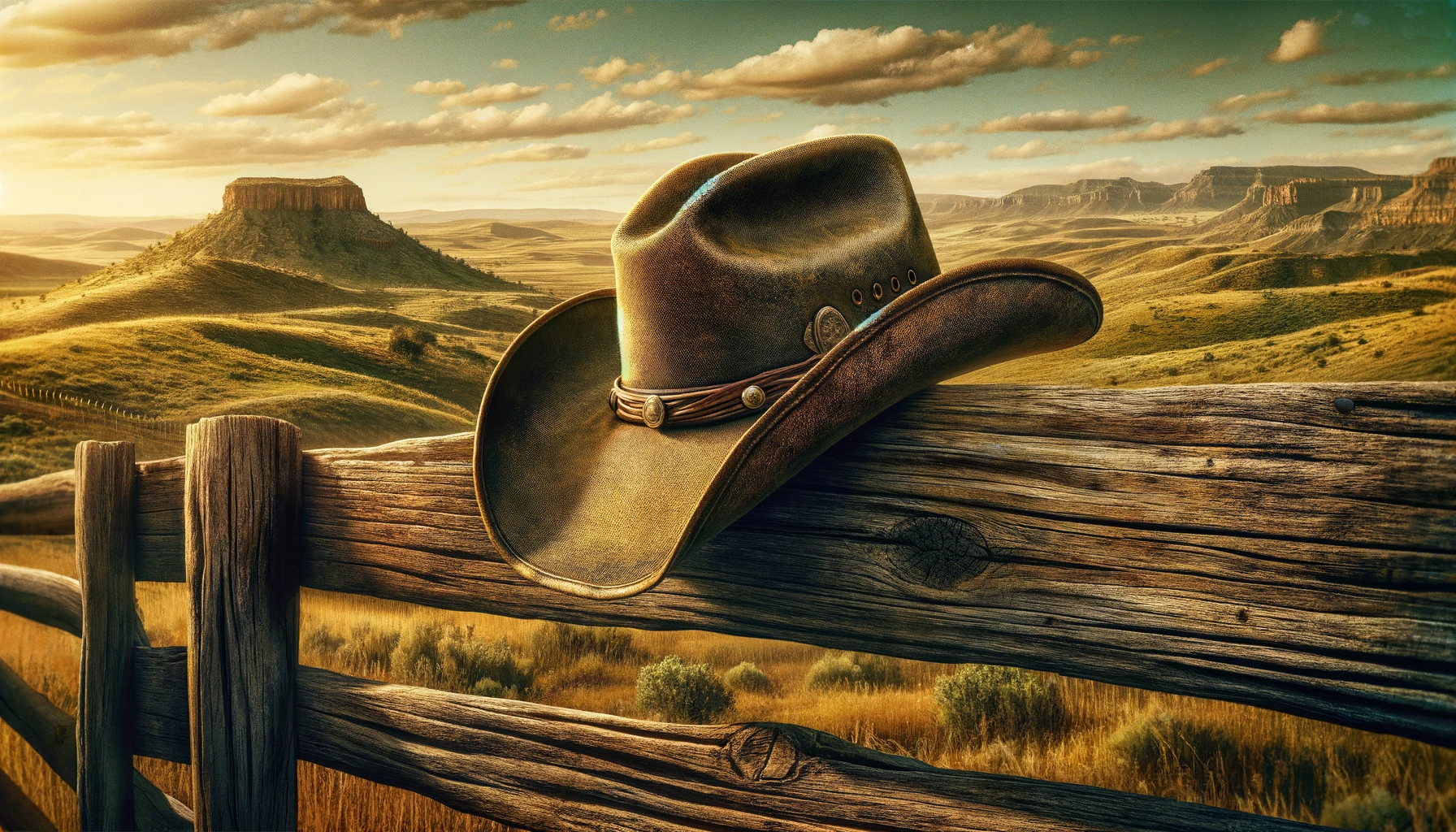 DALL·E 2023 12 14 10.18.37 A cowboy hat resting on a weathered wooden fence, embodying the spirit of Taylor Sheridan's iconic TV show. The background features a rugged landscape