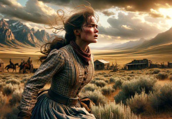 DALL·E 2023 12 16 13.36.04 A scene set in the 1880s American West, capturing a young woman in a moment of intense emotion and challenge. The setting is a rugged, historical West