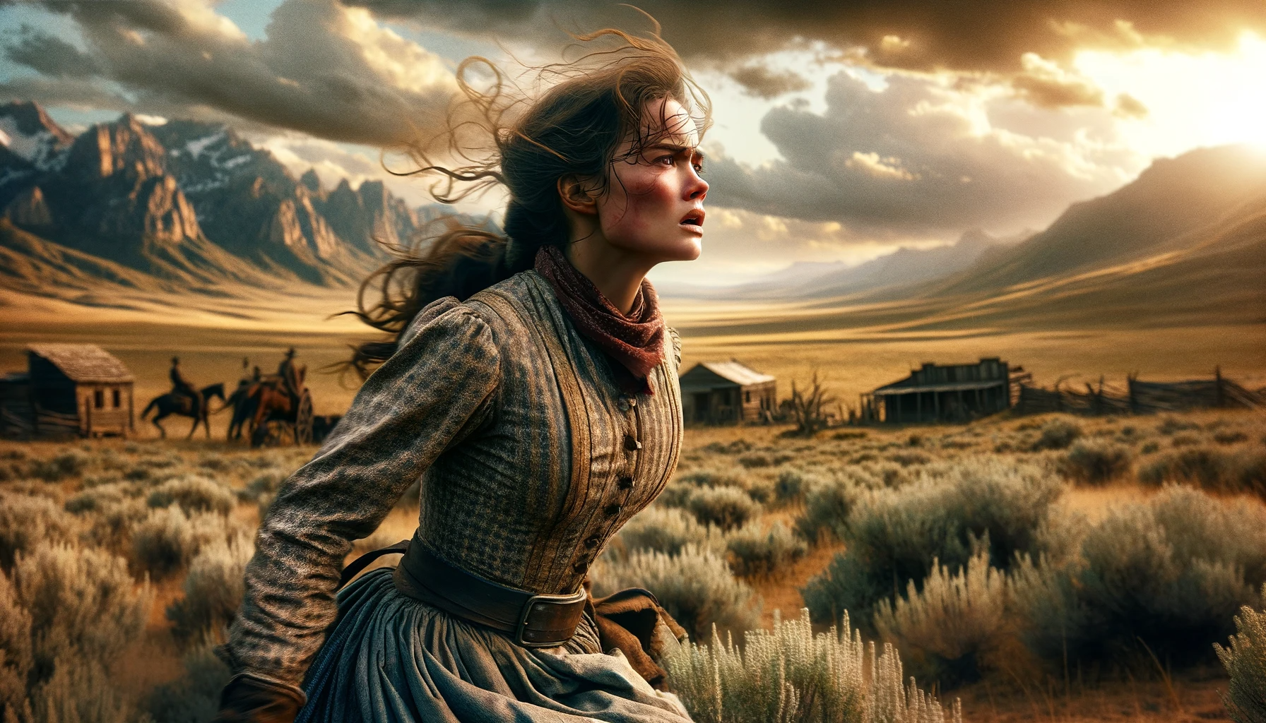 DALL·E 2023 12 16 13.36.04 A scene set in the 1880s American West, capturing a young woman in a moment of intense emotion and challenge. The setting is a rugged, historical West