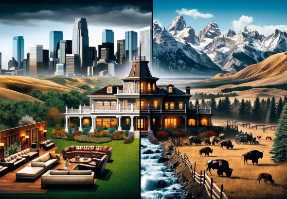 DALL·E 2023 12 18 10.49.39 An image depicting a contrast between the 'Dallas' TV show and 'Yellowstone' TV show. On one side, the 'Dallas' part shows a luxurious, modern ranch w