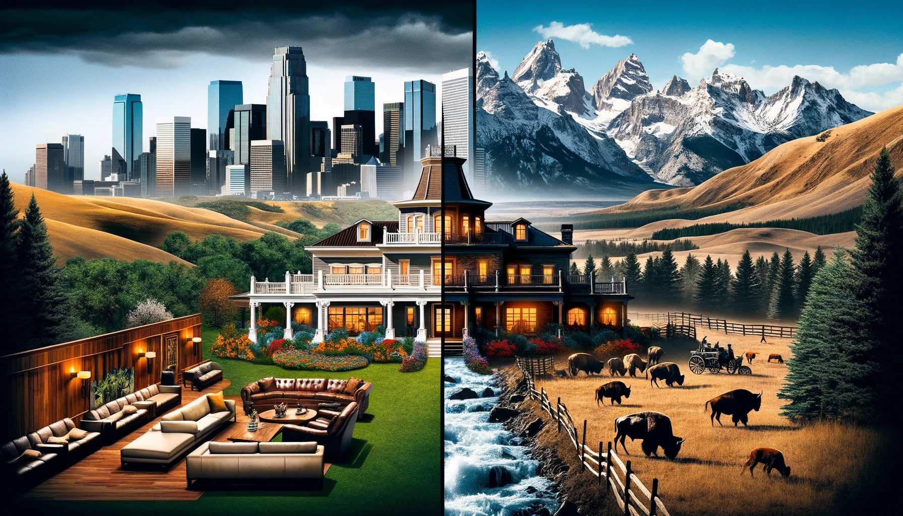 DALL·E 2023 12 18 10.49.39 An image depicting a contrast between the 'Dallas' TV show and 'Yellowstone' TV show. On one side, the 'Dallas' part shows a luxurious, modern ranch w