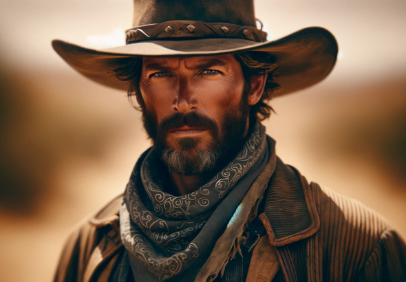 DALL·E 2023 12 25 10.22.12 An intense, rugged looking cowboy with a beard, resembling actor Cole Hauser. The cowboy is dressed in traditional Western attire, featuring a wide br
