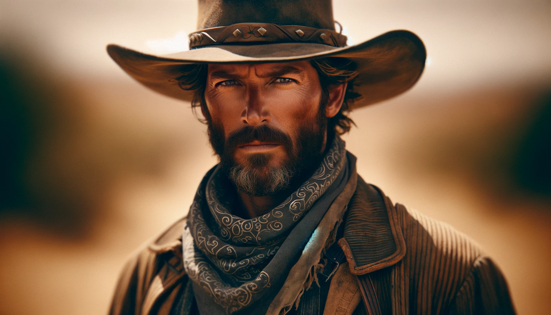 DALL·E 2023 12 25 10.22.12 An intense, rugged looking cowboy with a beard, resembling actor Cole Hauser. The cowboy is dressed in traditional Western attire, featuring a wide br