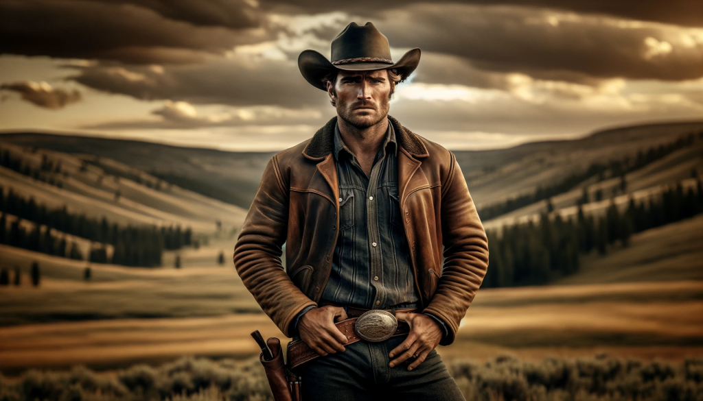 DALL·E 2023 12 25 10.26.11 A cowboy resembling the character Rip Wheeler from the TV show Yellowstone, embodied with rugged confidence and intensity. He stands in a western land