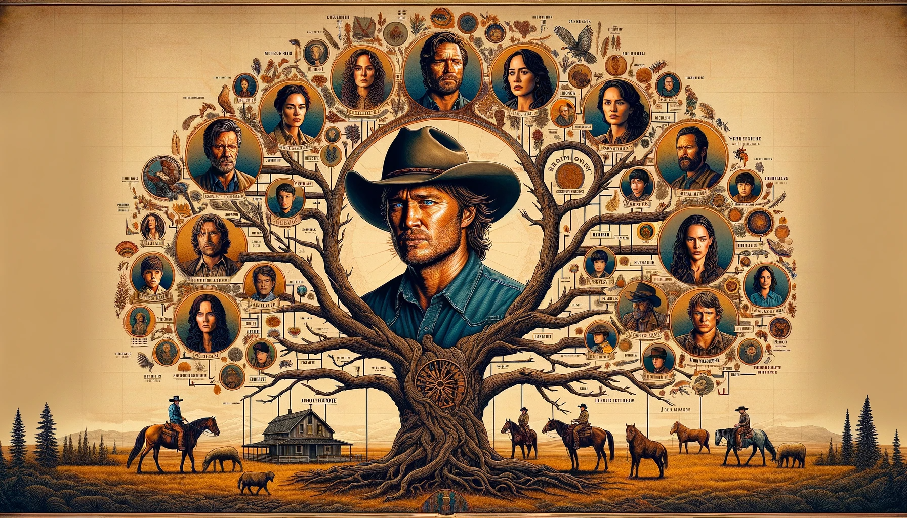 DALL·E 2024 01 01 09.54.57 A detailed representation of the Dutton family tree from the TV show Yellowstone, showcasing John Dutton at the center. Branches extend to his childre
