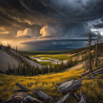 An image of a rugged, untamed landscape with a stormy sky looming overhead