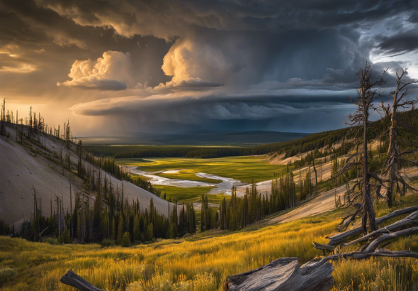 An image of a rugged, untamed landscape with a stormy sky looming overhead