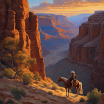 An image of a rugged canyon landscape at dusk, with a lone figure on horseback at the crossroads, pondering the uncertain future of a new western dynasty