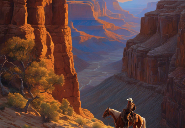 An image of a rugged canyon landscape at dusk, with a lone figure on horseback at the crossroads, pondering the uncertain future of a new western dynasty