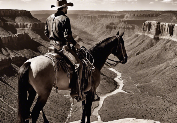 An image showing a rugged cowboy on horseback overlooking a vast, sweeping canyon landscape