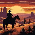 An image of a silhouette of a man on horseback, with a cowboy hat and a badge, riding through the Wild West landscape at sunset