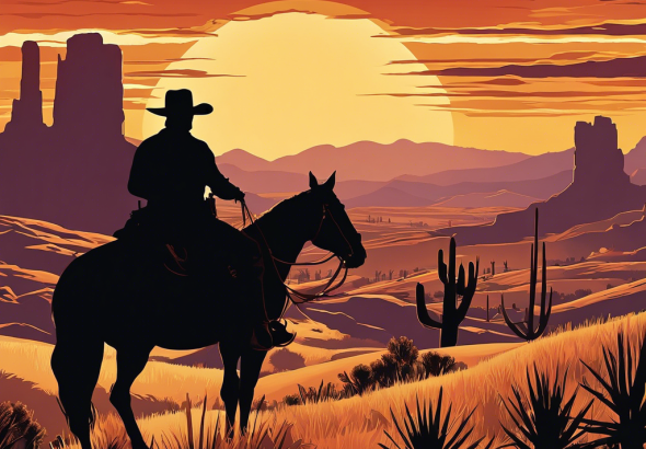 An image of a silhouette of a man on horseback, with a cowboy hat and a badge, riding through the Wild West landscape at sunset