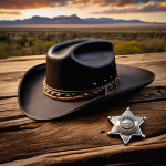An image of a cowboy hat and a sheriff's badge resting on a weathered wooden table, with a backdrop of sprawling Western landscapes and rugged terrain