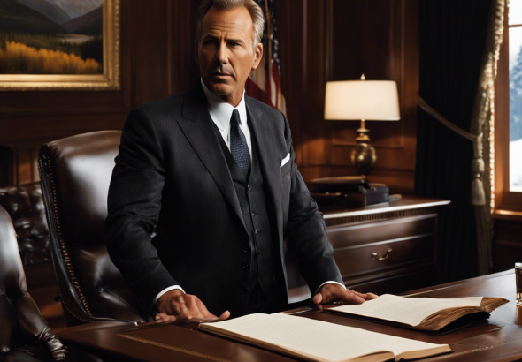 An image of Kevin Costner's attorney confidently addressing reporters, with a stern expression and gesticulating hands, while the Yellowstone set serves as the backdrop, conveying a sense of authority and debunking the drama rumors