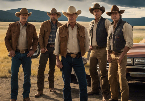 An image of a group of actors and crew members on the set of Yellowstone, appearing relaxed and focused on their work, with no signs of tension or conflict