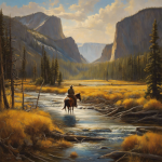 the rugged beauty of the Yellowstone landscape with a lone figure on horseback, riding through the vast wilderness with determination and purpose
