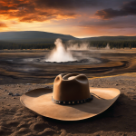 An image of a desolate, rugged landscape with a lone cowboy hat resting in the dirt, surrounded by the iconic geysers and mountains of Yellowstone National Park