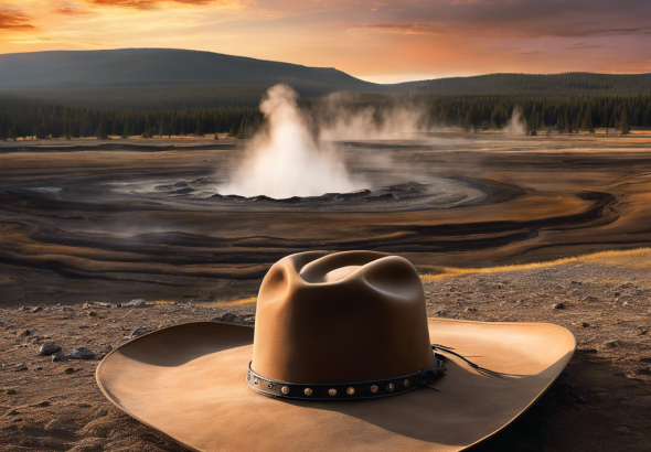 An image of a desolate, rugged landscape with a lone cowboy hat resting in the dirt, surrounded by the iconic geysers and mountains of Yellowstone National Park