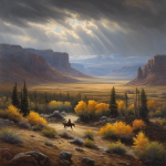 An image of a rugged, western landscape with a lone figure riding a horse through the wilderness