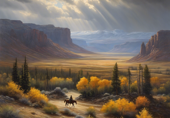 An image of a rugged, western landscape with a lone figure riding a horse through the wilderness