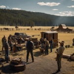 An image of a film set at Yellowstone with crew members working on various tasks, while Taylor Sheridan and Kevin Costner are seen discussing production details, conveying a sense of collaboration and dedication