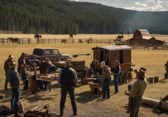 An image of a film set at Yellowstone with crew members working on various tasks, while Taylor Sheridan and Kevin Costner are seen discussing production details, conveying a sense of collaboration and dedication